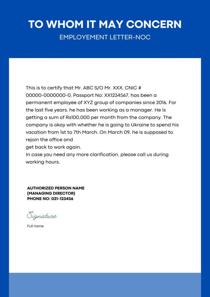 EMPLOYMENT LETTER NOC