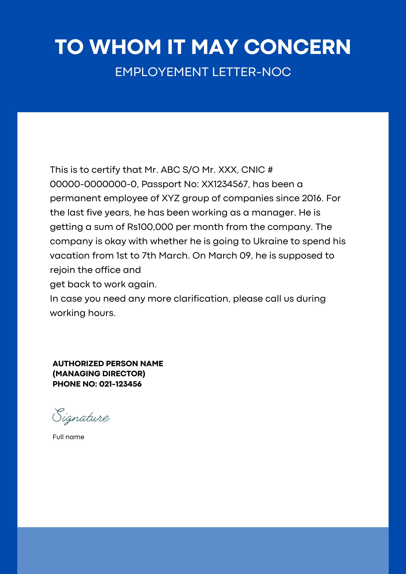 EMPLOYMENT LETTER NOC